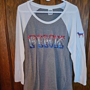 VS Pink Gray Baseball Tee Red White Blue Sequin Logo Top Sz L
